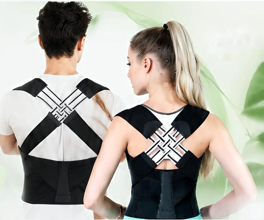 A man and a woman seen from behind, both wearing a black posture corrector